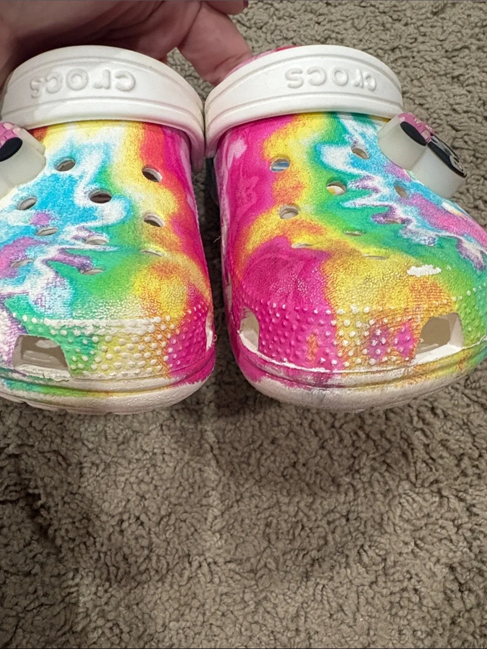 CROCS Kids Rainbow Tie-Dye Clogs with Minnie Charm - Pink, Yellow, Green, Blue